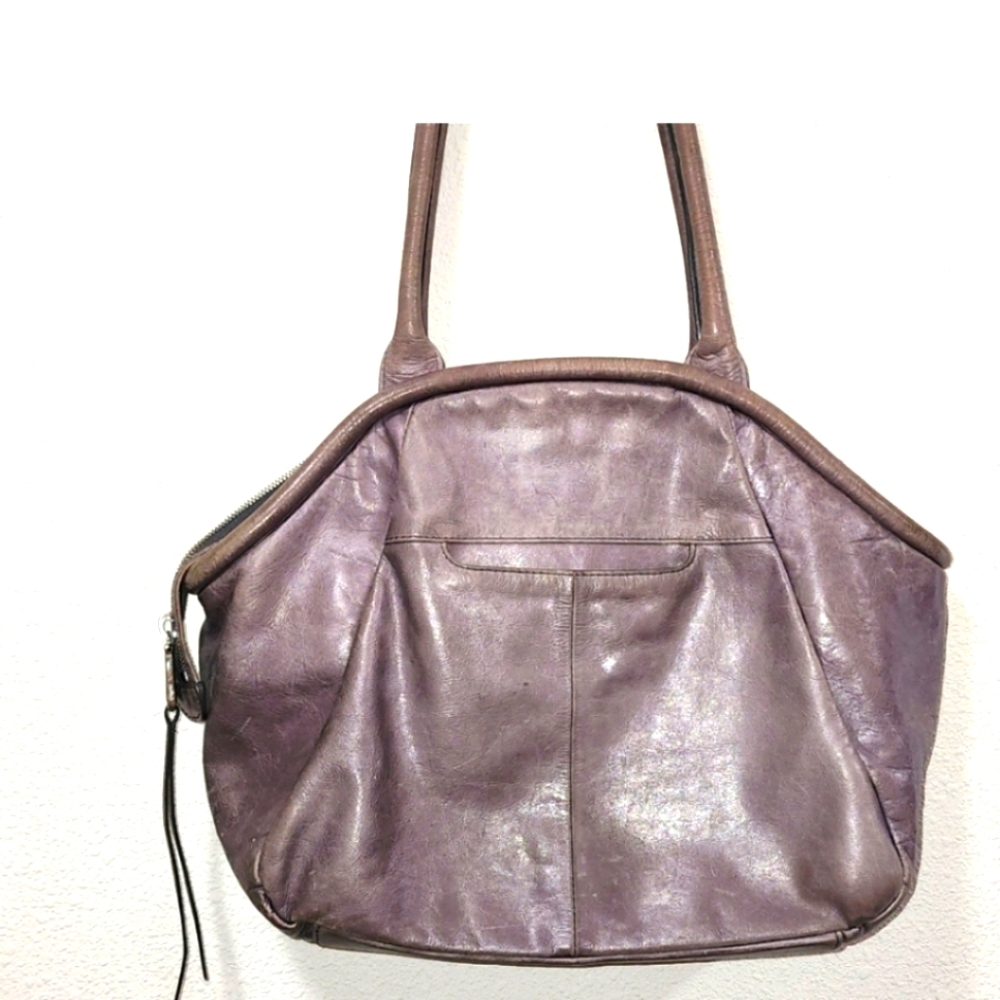 HOBO distressed leather clamshell shoulder bag with zip closure